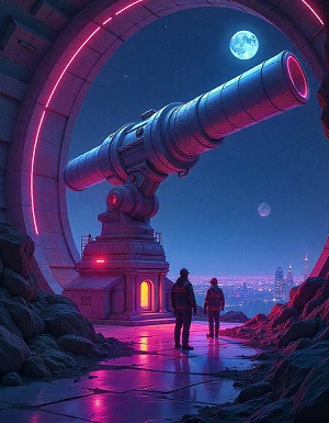 Telescope at night with moon and big city on background